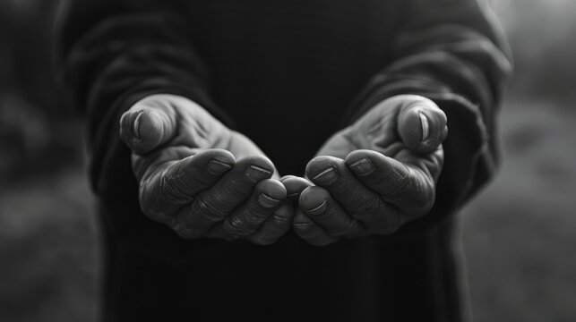 A person is holding their hands out in a gesture of giving. The image has a somber and serious mood, as if the person is offering something important or valuable