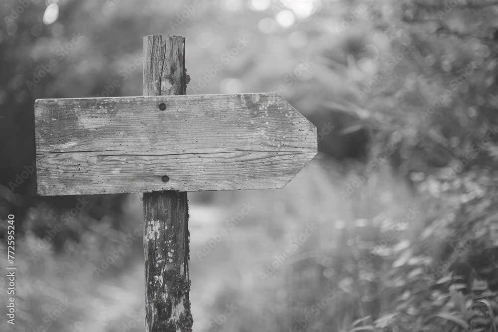 Poster a wooden signpost with a wooden arrow pointing to the right. the signpost is in a wooded area with t