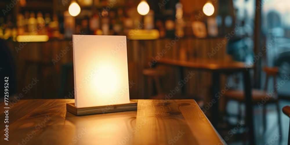 Poster a table with a white paper on it and a lamp on it