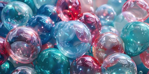 A bunch of colorful balloons in a bunch. The balloons are in different colors and sizes. The image has a fun and playful mood - obrazy, fototapety, plakaty