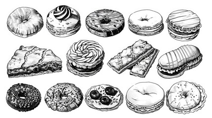 A drawing of various pastries and sandwiches. The pastries include donuts, pies, and cakes. The sandwiches include a club sandwich and a grilled cheese sandwich - obrazy, fototapety, plakaty
