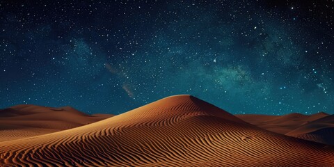 A desert landscape with a large hill and a starry sky. The stars are scattered throughout the sky, creating a sense of vastness and emptiness. The scene evokes a feeling of solitude and isolation - obrazy, fototapety, plakaty