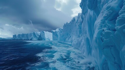 A large ice wall is visible on the side of a body of water. The sky is cloudy and the water is blue