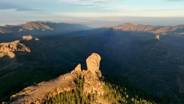 Aerial shot picturesque paradise of Roque Nublo,, Gran Canaria, Canary islands, Spain.