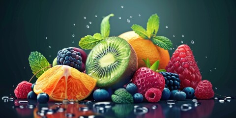 A colorful fruit display with a blue background. The fruits include oranges, raspberries, blueberries, and kiwi
