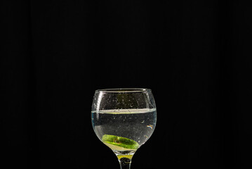 A glass bowl with water and lemon slices inside.