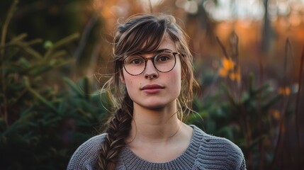 A photo of a woman with glasses and a braid, facing the camera seriously ai generative high quality image - obrazy, fototapety, plakaty