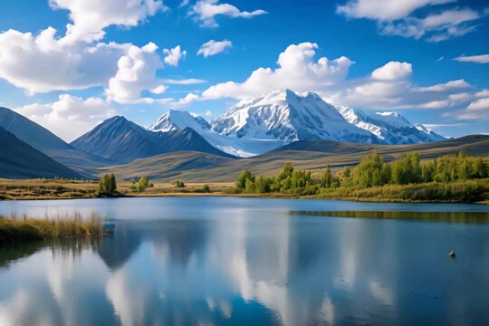 Serene mountain landscape with a reflective lake.