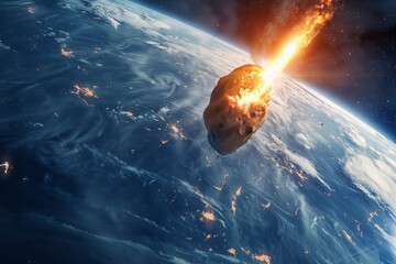 Flaming asteroid in space, with Earth in the backdrop - obrazy, fototapety, plakaty