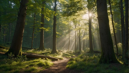 sun rays in the forest, morning in the woods, morning in the forest - obrazy, fototapety, plakaty