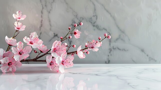 A cluster of pink blossoms sits atop a pristine white counter against a backdrop of gray