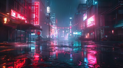 Cyberpunk streets illustration, futuristic city, dystoptic artwork at night, 4k wallpaper. Rain foggy, moody empty future - obrazy, fototapety, plakaty