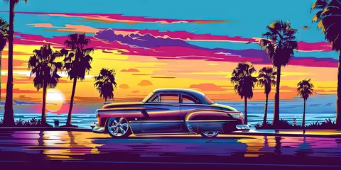 Foto op Canvas Latino lowrider car on the road during sunset - stylized illustration © Brian