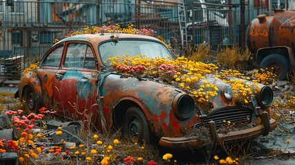 An old, rusted car overgrown with colorful flowers in an abandoned industrial setting