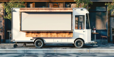 Blank food truck parked on the side of the street ready to be filled with a small business