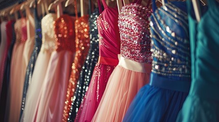 Colorful prom or bridesmaid gowns hanging on hangers