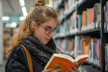 Woman Reading Book in Library