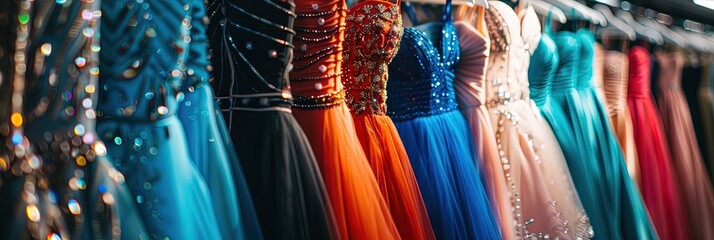 Colorful prom or bridesmaid gowns hanging on hangers