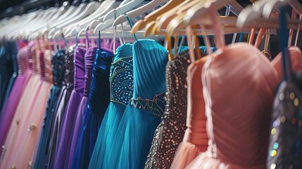 Colorful prom or bridesmaid gowns hanging on hangers - obrazy, fototapety, plakaty