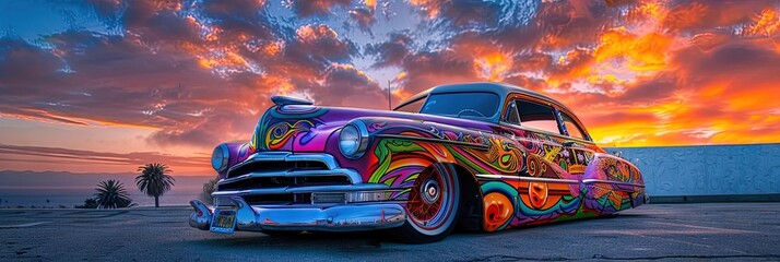 Colorful psychedelic low rider car on the road during sunset