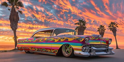 Colorful psychedelic low rider car on the road during sunset