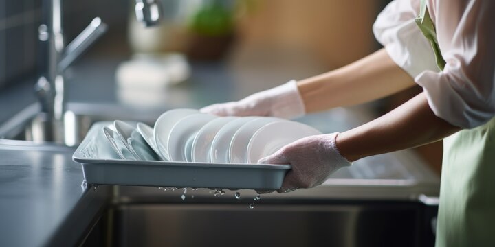 hands wash dishes in the sink Generative AI