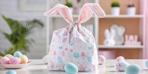 Colorful pastel bag with easter bunny ears and colorful easter eggs