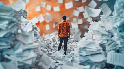 An image depicts a desk flooded with papers and documents scattered chaotically, symbolizing economic disarray. Amidst the clutter, economic graphs and charts hint at a period of turbulence and uncert