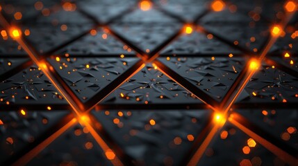 Abstract black background with orange glowing triangles, 3d render illustration, dark carbon...