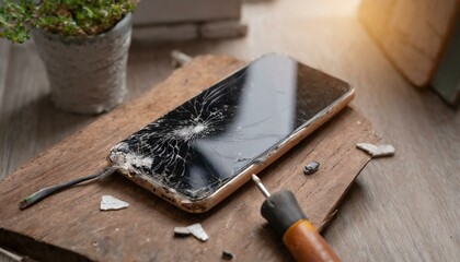 Intricate patterns of shattered glass adorn a smartphone awaiting repair on a wooden workspace - obrazy, fototapety, plakaty
