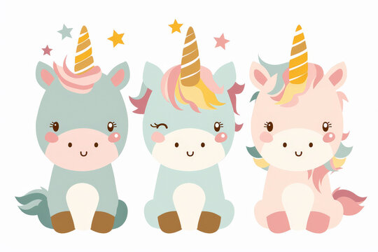 Dibujo de tres unicornios infantiles sentado con cuerno dorado y estrellas sobre ellos, de diferentes colores sobre fondo transparente blanco