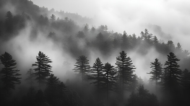 Mountain morning - black and white - trees - fog - clouds - mist - hazy 