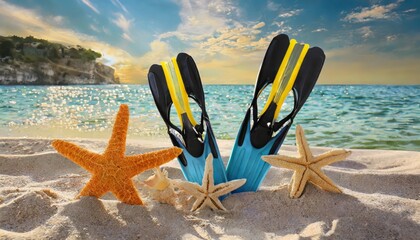 Generated image of flippers on the beach - obrazy, fototapety, plakaty