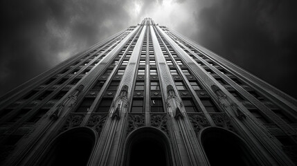 Low angle shot of a skyscraper - clouds - dramatic - black I and white photo - building - office 