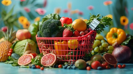 A shopping basket filled with various grocery items, including fruits and vegetables