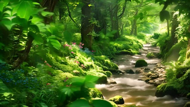 Stream in a green forest with sunbeams and mossy rocks, AI Generated