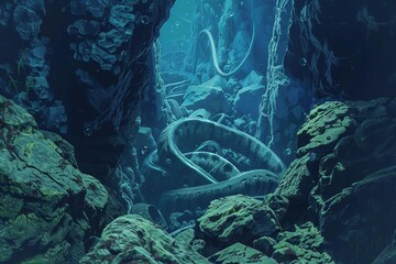 Mysterious underwater hideaway where eels twist and turn amidst rocky crevices, digital illustration