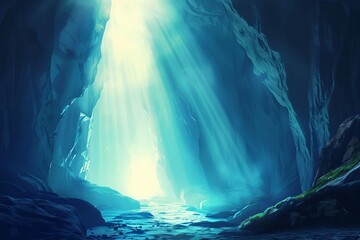 Mysterious empty cave entrance with bright light shining in, exploration and discovery concept illustration
