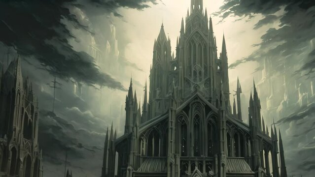 Digital painting of a Gothic cathedral in the moonlit night, 3D illustration, AI Generated