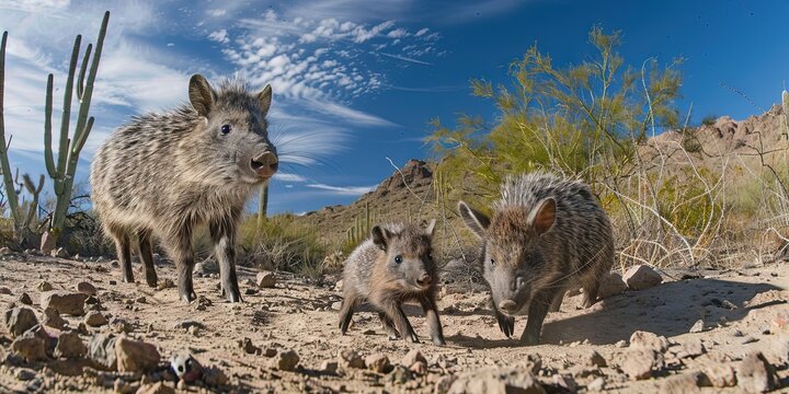 javelina peccary family herd in the southwest desert 