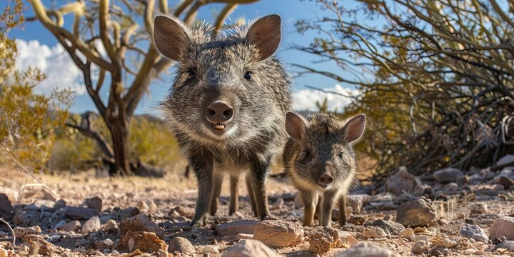 javelina peccary mother and son in the southwest desert 