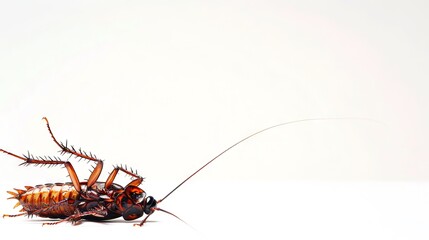 Dead cockroach lying on its back on white backdrop. Pest insect. Perfect for pest control service ads, hygiene educational content, product labels for insecticides. Banner. Copy space