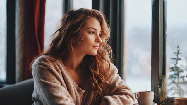 Winter Serenity: Woman Sitting by the Window. Seamless looping 4k time-lapse virtual video animation background