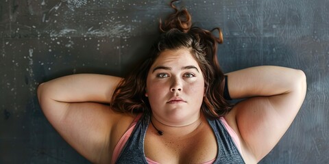 Overweight woman laying down with her hands behind her head