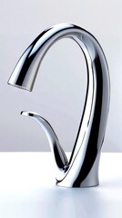 Modern faucet design in minimalist setting. Sleek water tap with elegant curves. Light background. Concept of contemporary kitchen, clean design, functional simplicity, modern home fixtures. Vertical - obrazy, fototapety, plakaty