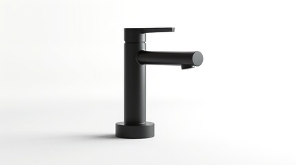 Minimalist water tap with a matte black finish, isolated against a white backdrop. Modern faucet design. Concept of modern plumbing, kitchen design, elegant fixtures, and clean lines