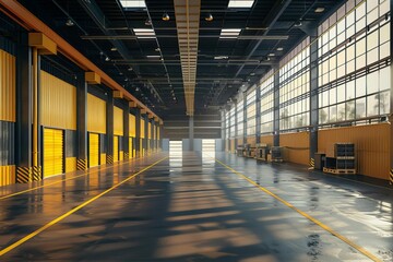 Modern warehouse interior with cargo and shipping containers, logistic center 3D illustration - obrazy, fototapety, plakaty