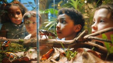 Children observing a cockroach at an exhibit. Kids in awe of an insect in a museum. Concept of educational trip, childhood curiosity, interactive learning, and wildlife education.
