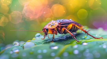 Vibrant cockroach on a dewy leaf with bokeh lights. Insect close-up with water droplets. Concept of natural beauty, macro photography, and insect life. Copy space - obrazy, fototapety, plakaty