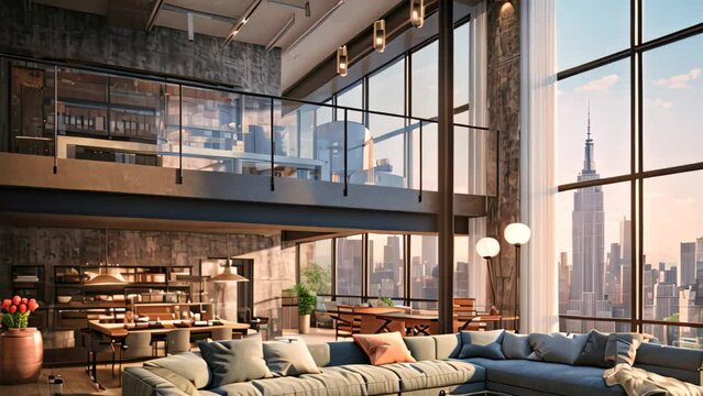 Luxury living room interior with a panoramic window overlooking the New York City. 3D Rendering, AI Generated